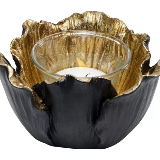 Teelichthalter Flower Bloom Schwarz Gold O10